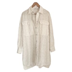 Zara White Eyelet Button-Up Tunic Shirt Sz